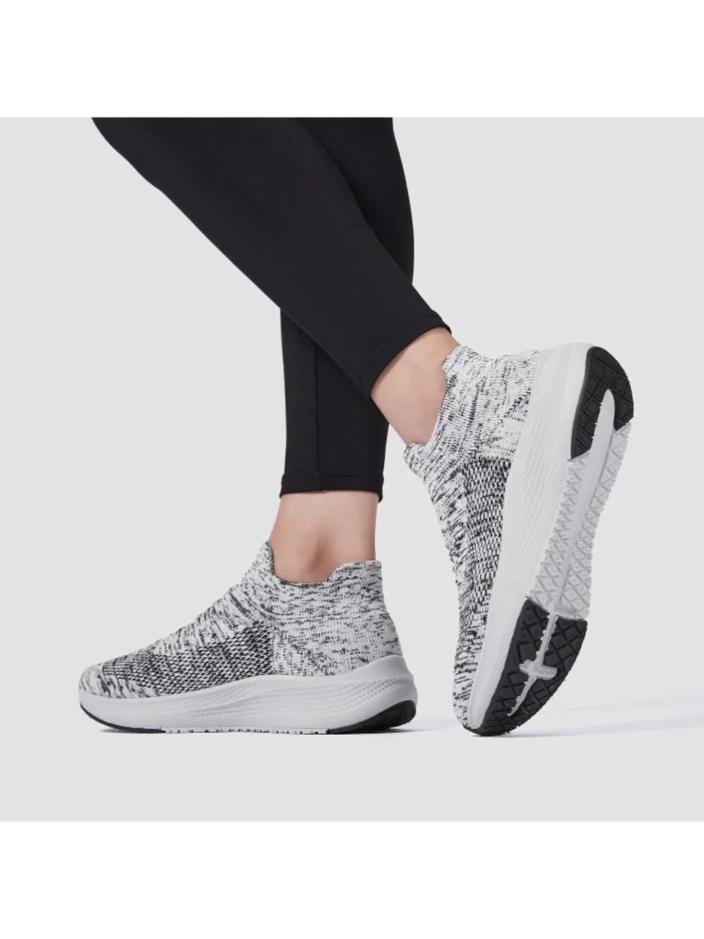 Women's Grey White Comfort Lightweight Sock Mesh Slip on Casual Sneaker Shoes